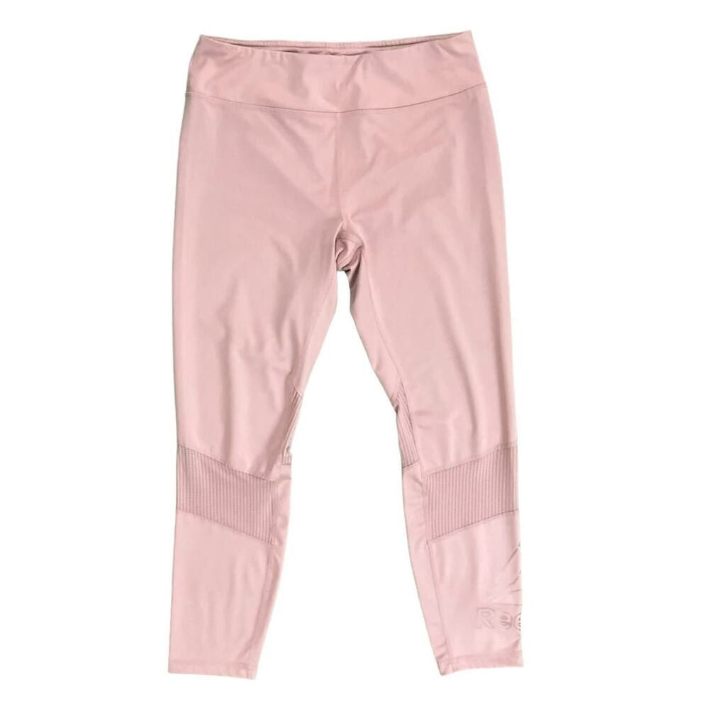 Reebok Women's Pink Logo Activewear Yoga Mesh Insert Leggings Pants Pocket SZ L